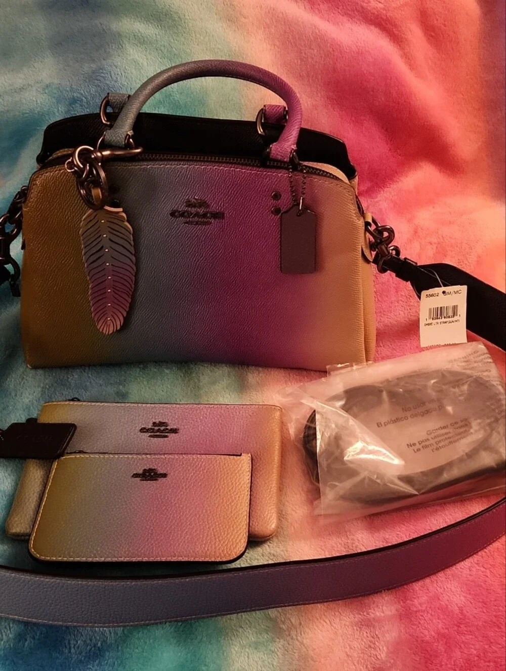 Coach Ombre Rainbow Purse, Strap, Feather, Wristlet, And Coin Case Set